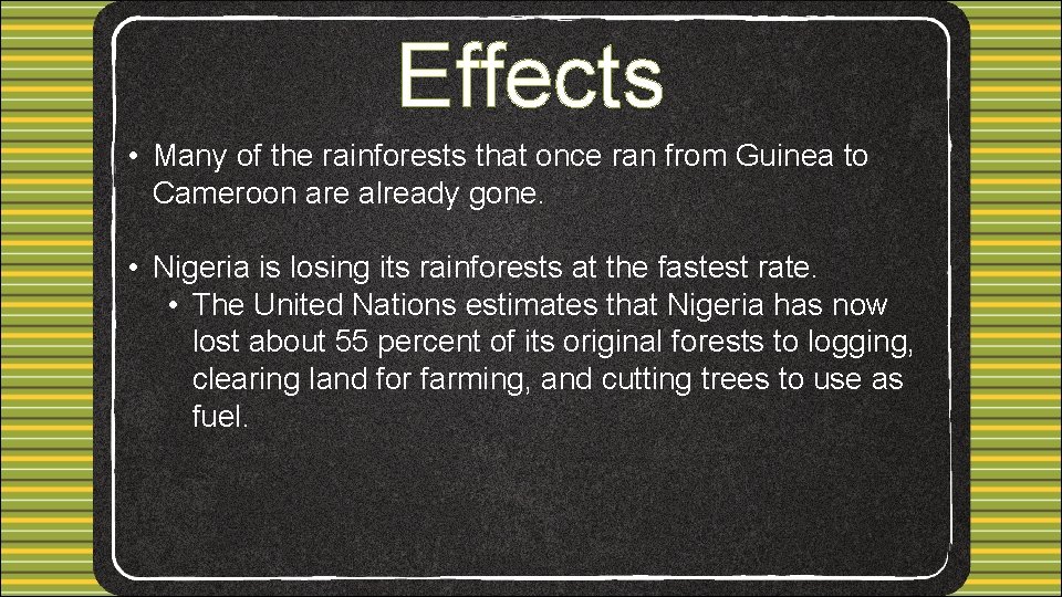 Effects • Many of the rainforests that once ran from Guinea to Cameroon are