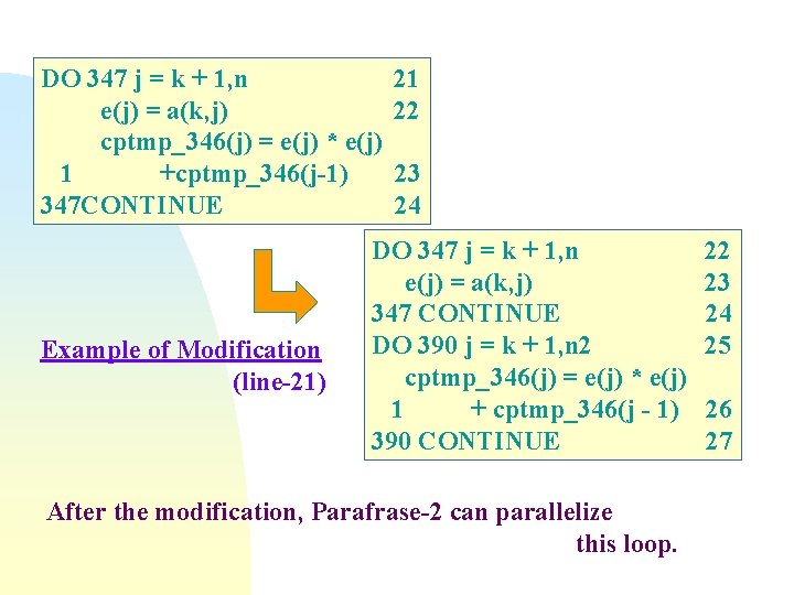 DO 347 j = k + 1, n e(j) = a(k, j) cptmp_346(j) =