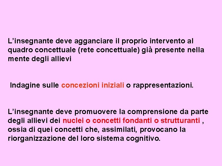 L’insegnante deve agganciare il proprio intervento al quadro concettuale (rete concettuale) già presente nella