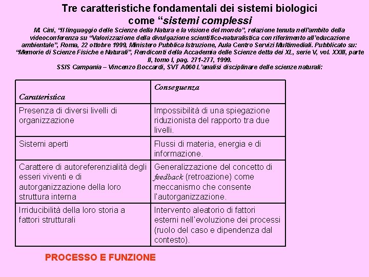 Tre caratteristiche fondamentali dei sistemi biologici come “sistemi complessi M. Cini, “Il linguaggio delle