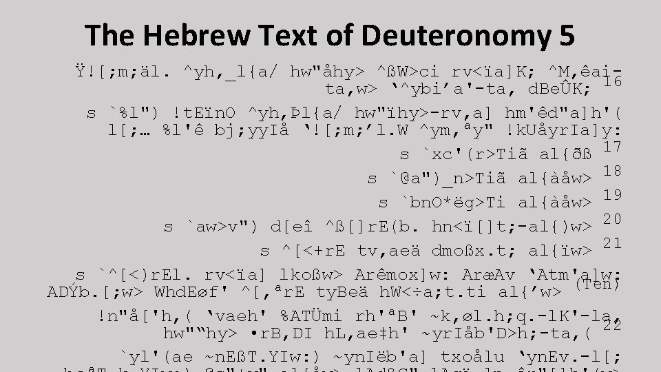 The Hebrew Text of Deuteronomy 5 Ÿ![; m; äl. ^yh, _l{a/ hw"åhy> ^ßW>ci rv<ïa]K;