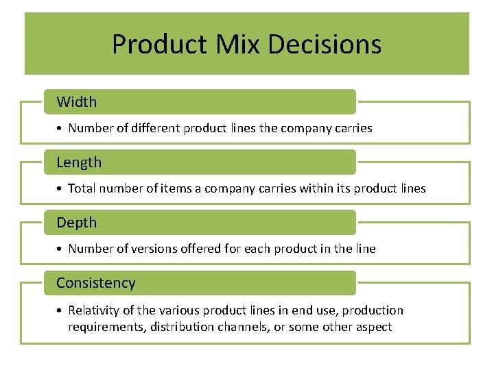 Product Mix Decisions Width • Number of different product lines the company carries Length