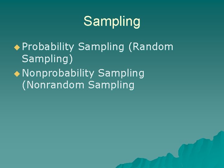 Sampling u Probability Sampling (Random Sampling) u Nonprobability Sampling (Nonrandom Sampling Sampling u Probability Sampling (Random Sampling) u Nonprobability Sampling (Nonrandom Sampling