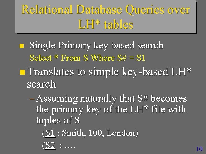 Relational Database Queries over LH* tables n Single Primary key based search Select *