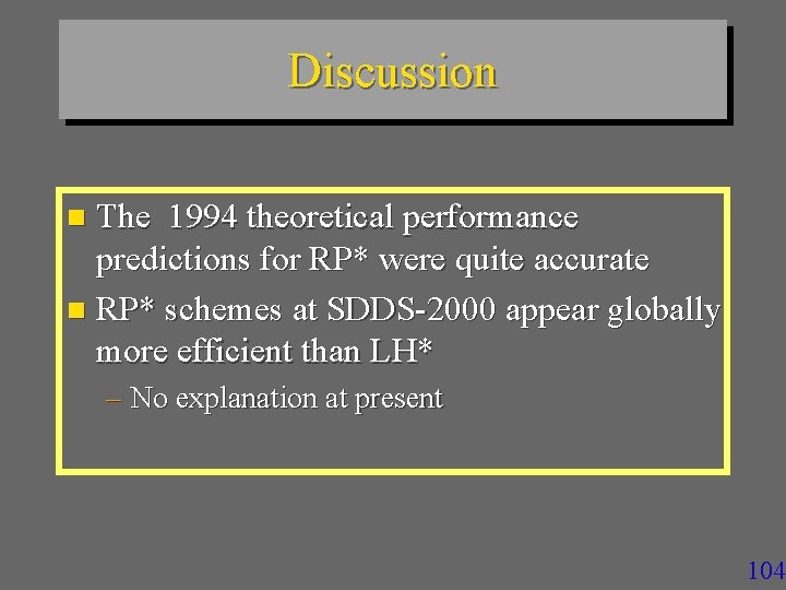 Discussion The 1994 theoretical performance predictions for RP* were quite accurate n RP* schemes