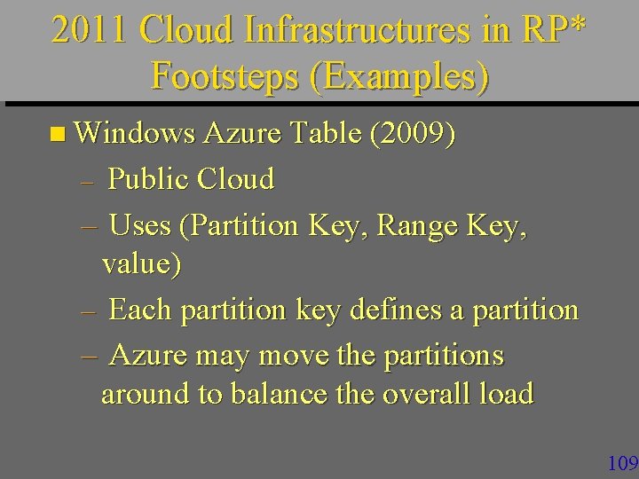 2011 Cloud Infrastructures in RP* Footsteps (Examples) n Windows Azure Table (2009) Public Cloud