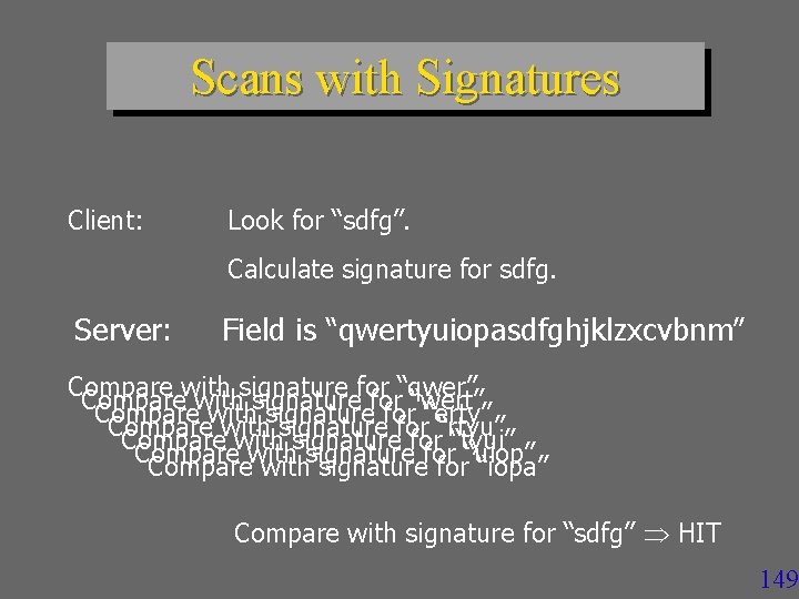 Scans with Signatures Client: Look for “sdfg”. Calculate signature for sdfg. Server: Field is