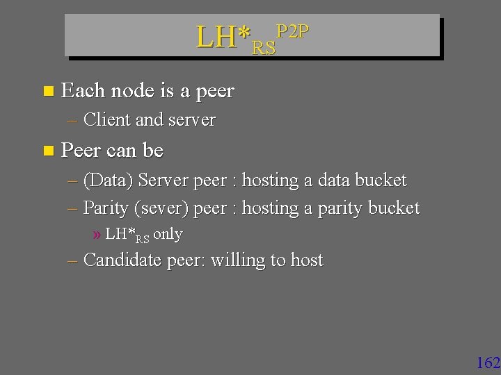 LH*RSP 2 P n Each node is a peer – Client and server n