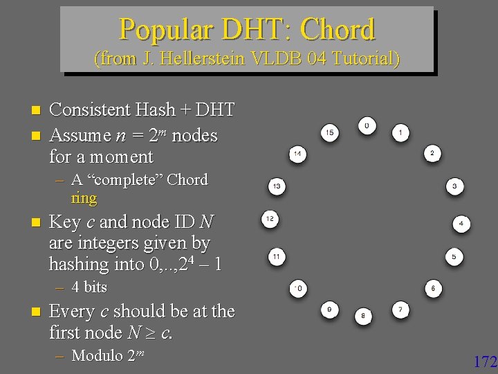 Popular DHT: Chord (from J. Hellerstein VLDB 04 Tutorial) n n Consistent Hash +