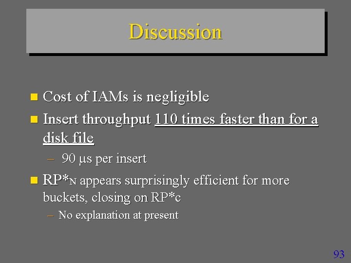 Discussion Cost of IAMs is negligible n Insert throughput 110 times faster than for