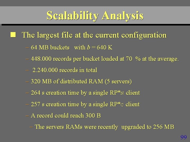 Scalability Analysis n The largest file at the current configuration 64 MB buckets with