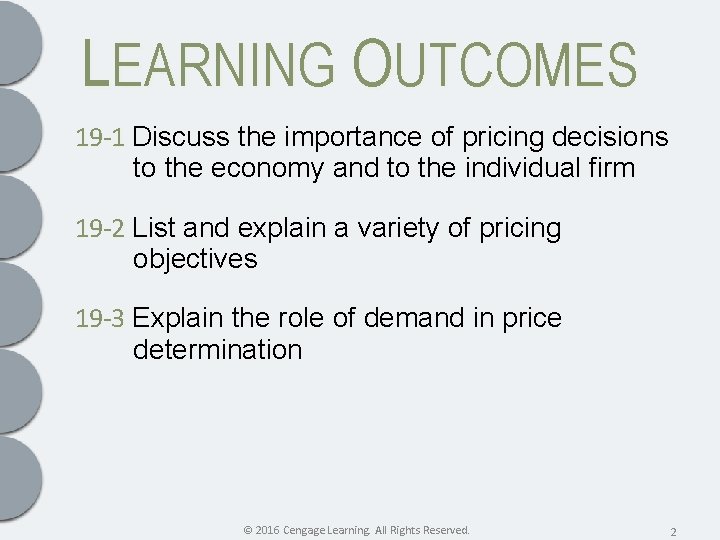 LEARNING OUTCOMES 19 -1 Discuss the importance of pricing decisions to the economy and