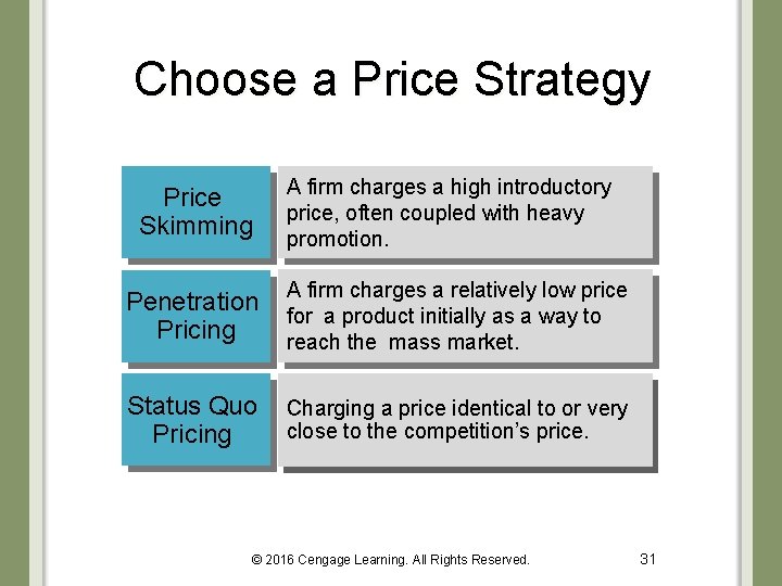 Choose a Price Strategy Price Skimming A firm charges a high introductory price, often