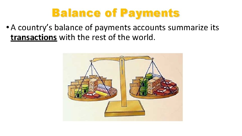Balance of Payments • A country’s balance of payments accounts summarize its transactions with