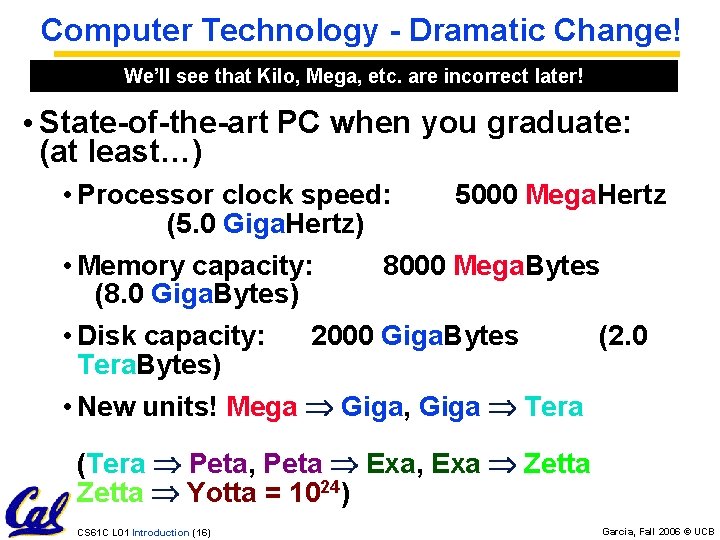 Computer Technology - Dramatic Change! We’ll see that Kilo, Mega, etc. are incorrect later! Computer Technology - Dramatic Change! We’ll see that Kilo, Mega, etc. are incorrect later!