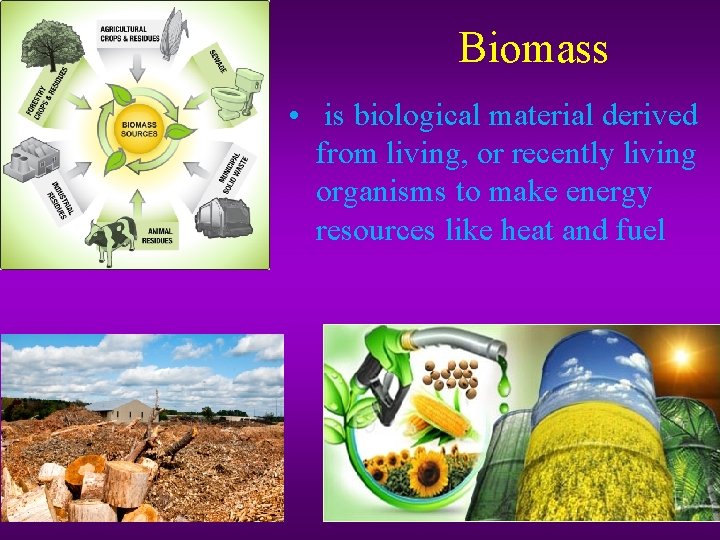Biomass • is biological material derived from living, or recently living organisms to make