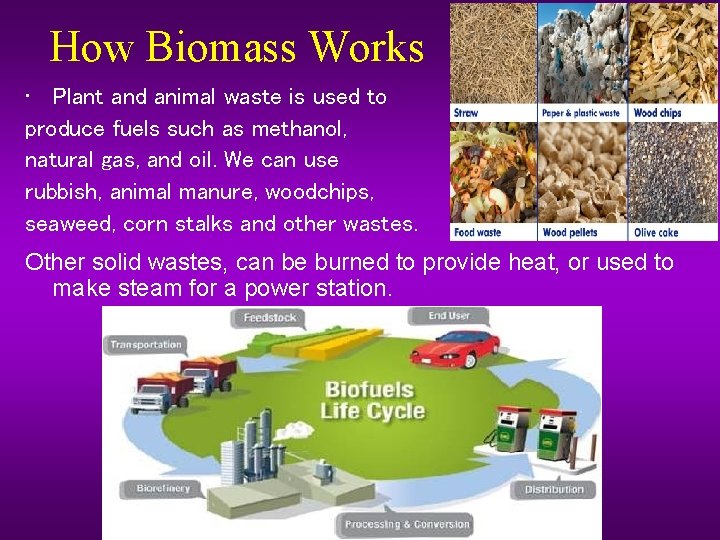 How Biomass Works • Plant and animal waste is used to produce fuels such