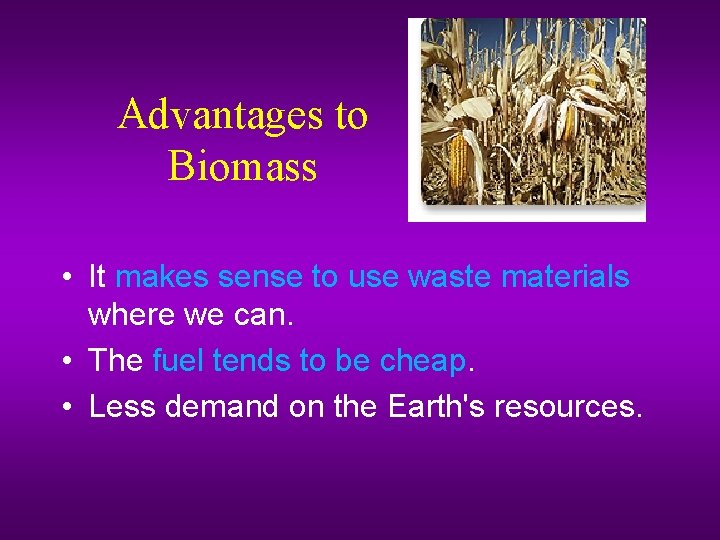 Advantages to Biomass • It makes sense to use waste materials where we can.