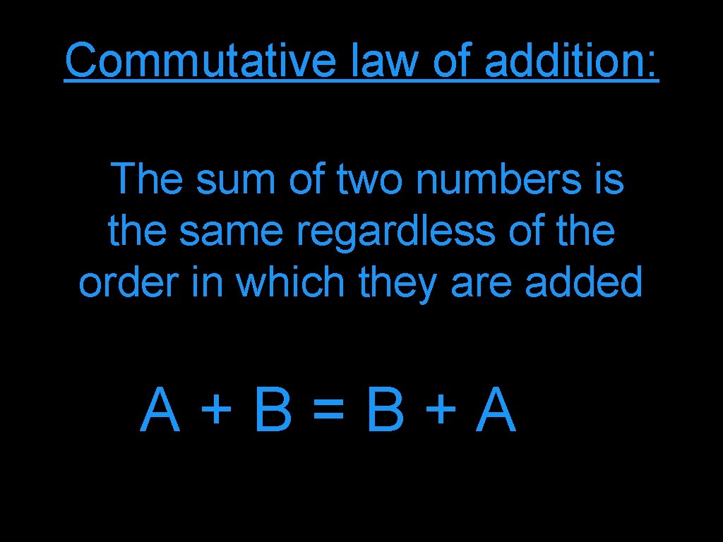 Commutative law of addition: The sum of two numbers is the same regardless of