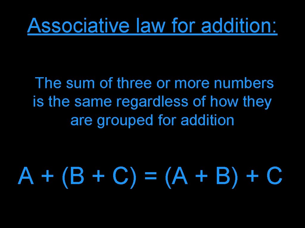 Associative law for addition: The sum of three or more numbers is the same