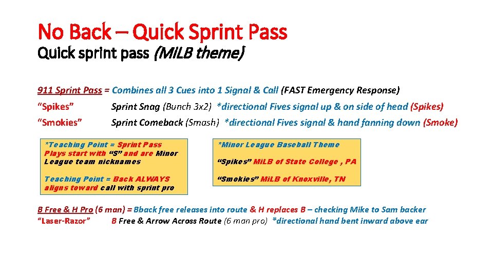 No Back – Quick Sprint Pass Quick sprint pass (Mi. LB theme) 911 Sprint