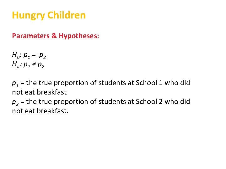 Hungry Children Parameters & Hypotheses: H 0 : p 1 = p 2 Ha