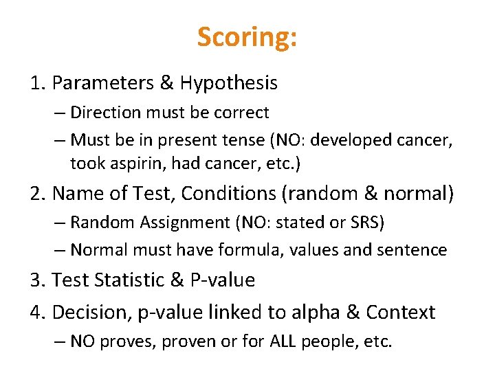 Scoring: 1. Parameters & Hypothesis – Direction must be correct – Must be in