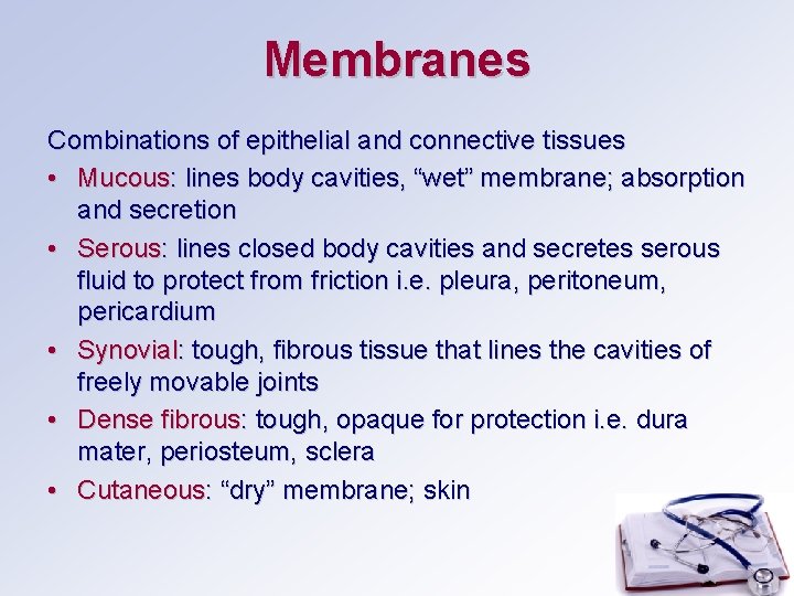 Membranes Combinations of epithelial and connective tissues • Mucous: lines body cavities, “wet” membrane;