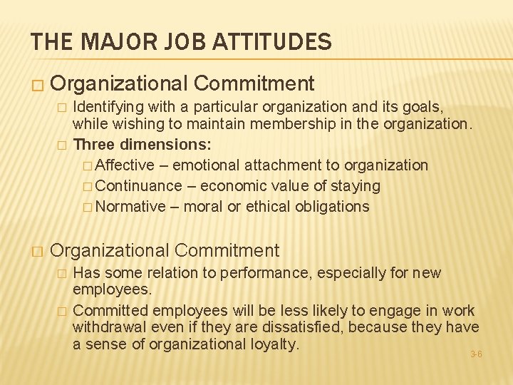 THE MAJOR JOB ATTITUDES � Organizational Commitment � Identifying with a particular organization and