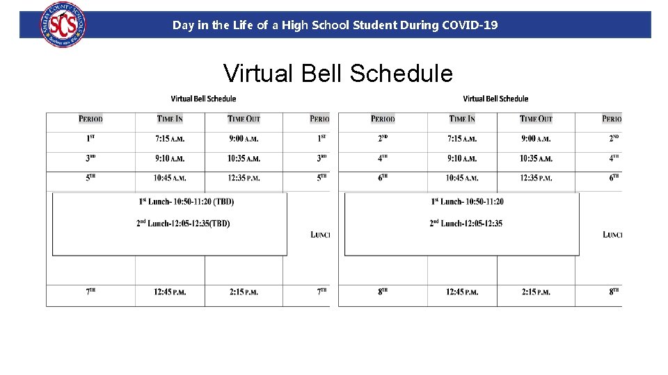 Day in the Life of a High School Student During COVID-19 Virtual Bell Schedule Day in the Life of a High School Student During COVID-19 Virtual Bell Schedule
