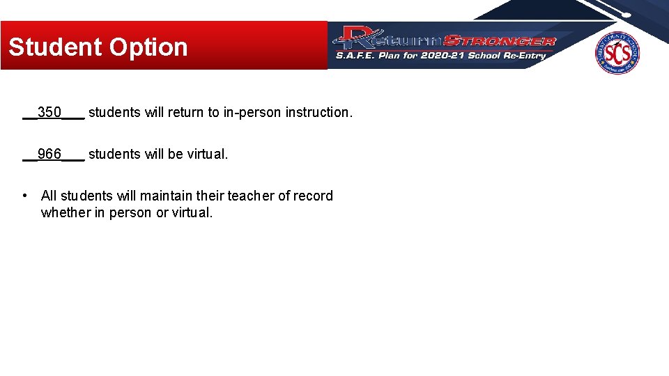 Student Option __350___ students will return to in-person instruction. __966___ students will be virtual. Student Option __350___ students will return to in-person instruction. __966___ students will be virtual.
