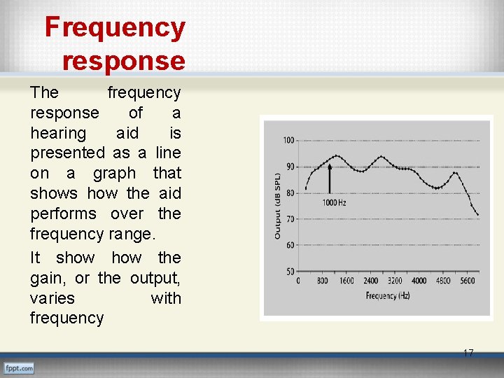 Frequency response The frequency response of a hearing aid is presented as a line