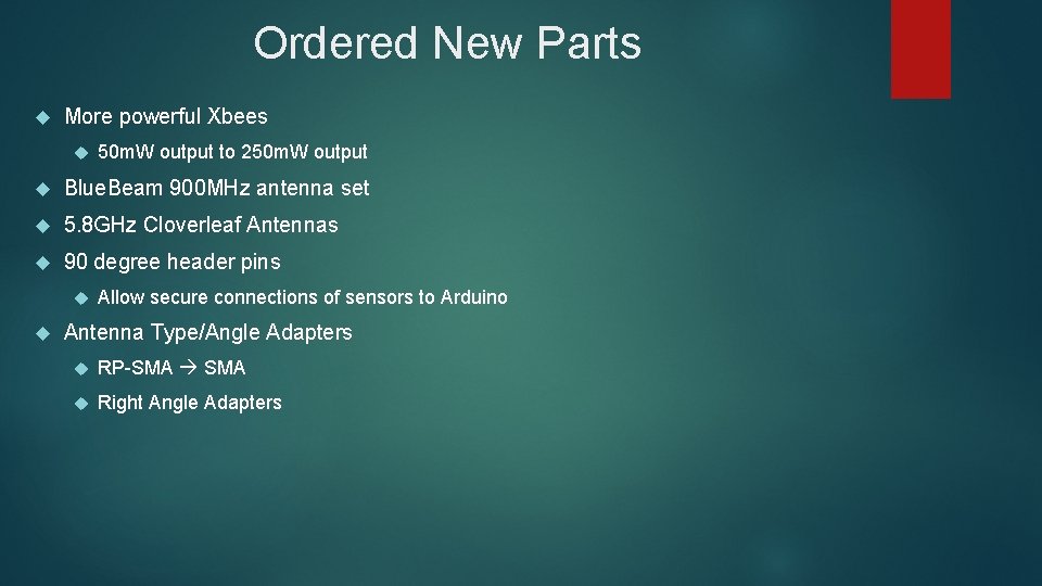 Ordered New Parts More powerful Xbees 50 m. W output to 250 m. W Ordered New Parts More powerful Xbees 50 m. W output to 250 m. W