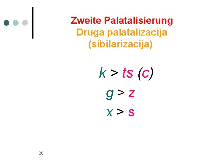 Zweite Palatalisierung Druga palatalizacija (sibilarizacija) k > ts (c) g>z x>s 20 