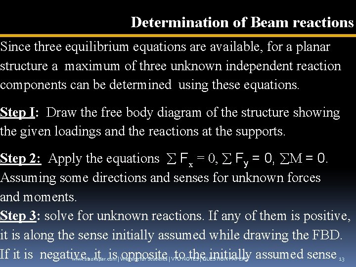 Determination of Beam reactions Since three equilibrium equations are available, for a planar structure