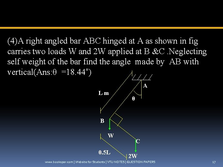 (4)A right angled bar ABC hinged at A as shown in fig carries two