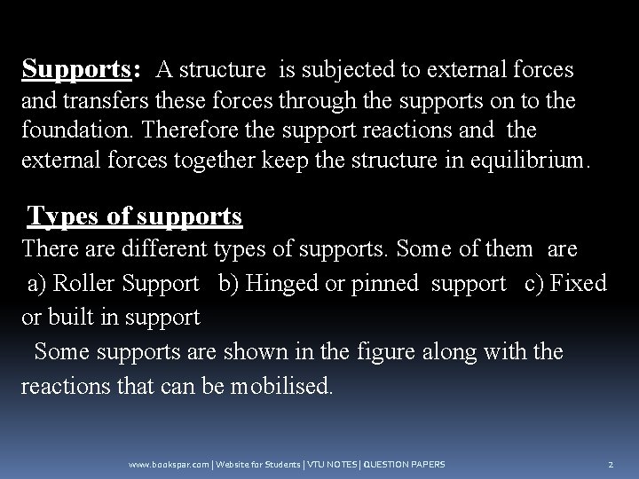Supports: A structure is subjected to external forces and transfers these forces through the