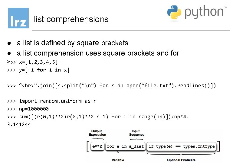 list comprehensions ● a list is defined by square brackets ● a list comprehension list comprehensions ● a list is defined by square brackets ● a list comprehension