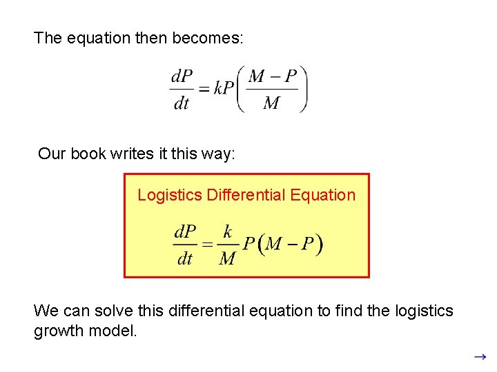 The equation then becomes: Our book writes it this way: Logistics Differential Equation We The equation then becomes: Our book writes it this way: Logistics Differential Equation We