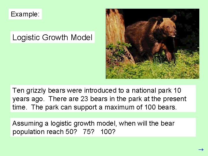 Example: Logistic Growth Model Ten grizzly bears were introduced to a national park 10 Example: Logistic Growth Model Ten grizzly bears were introduced to a national park 10