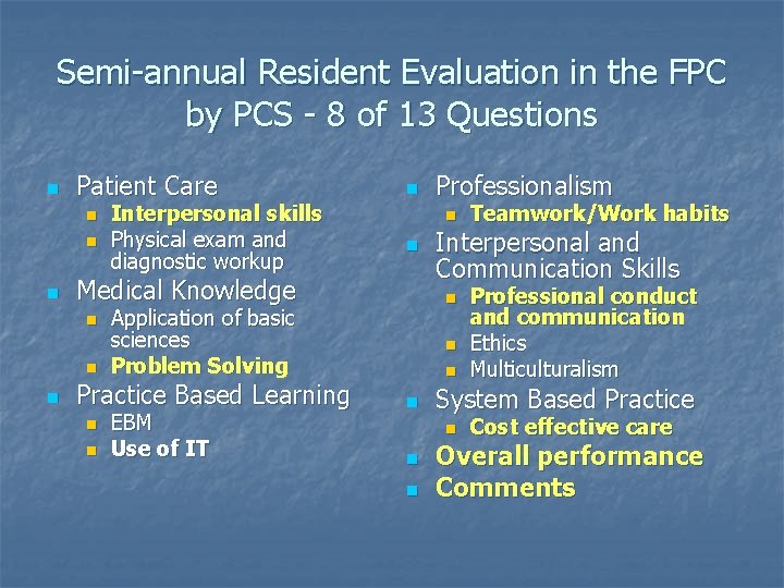 Semi-annual Resident Evaluation in the FPC by PCS - 8 of 13 Questions n