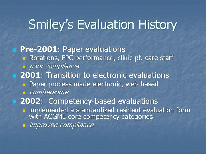 Smiley’s Evaluation History n Pre-2001: Paper evaluations n n n poor compliance 2001: Transition