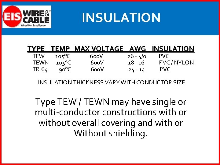 INSULATION TYPE TEMP MAX VOLTAGE AWG INSULATION TEWN TR-64 105°C 90°C 600 V 26