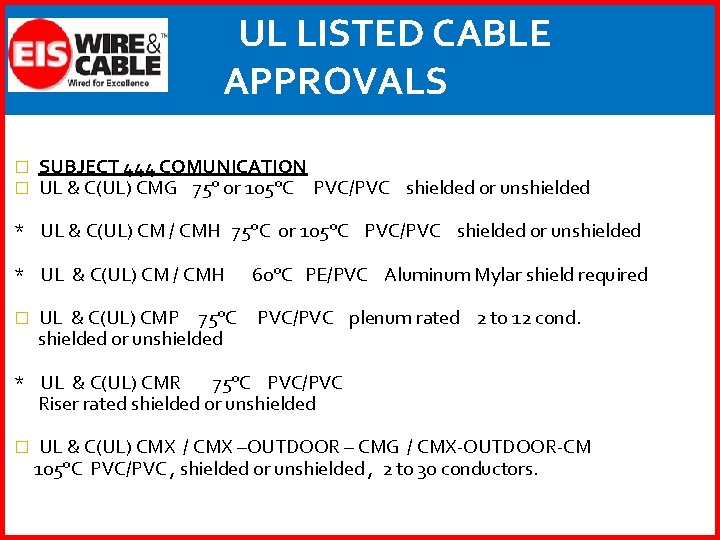 UL LISTED CABLE APPROVALS � � SUBJECT 444 COMUNICATION UL & C(UL) CMG 75°