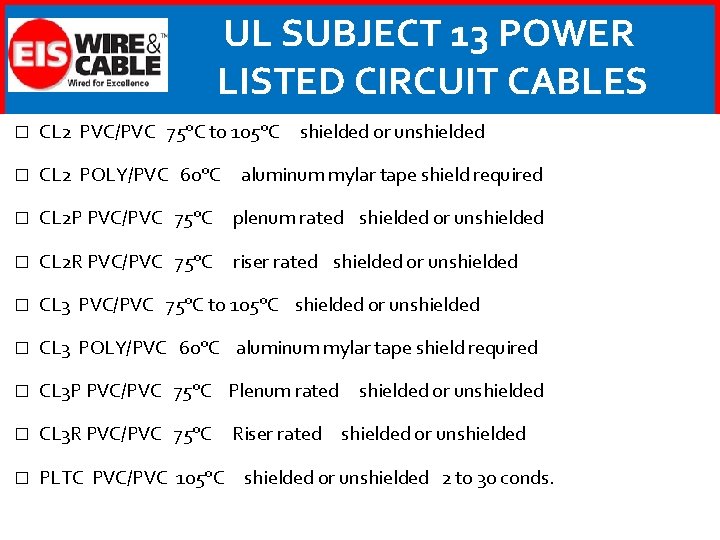 UL SUBJECT 13 POWER LISTED CIRCUIT CABLES � CL 2 PVC/PVC 75°C to 105°C