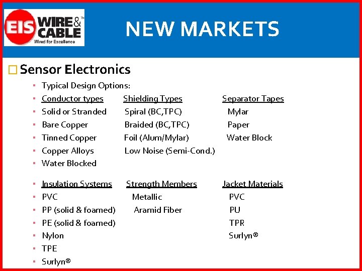 NEW MARKETS � Sensor Electronics ▪ ▪ ▪ ▪ Typical Design Options: Conductor types