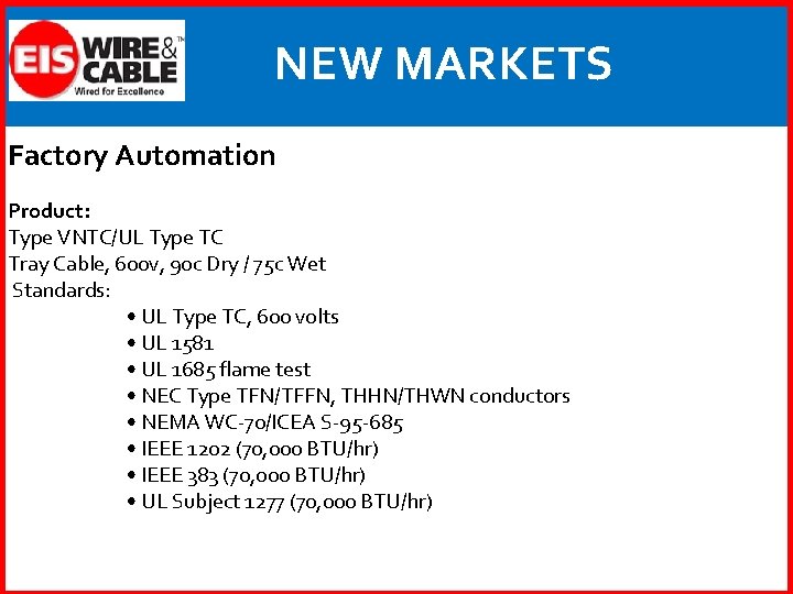 NEW MARKETS Factory Automation Product: Type VNTC/UL Type TC Tray Cable, 600 v, 90