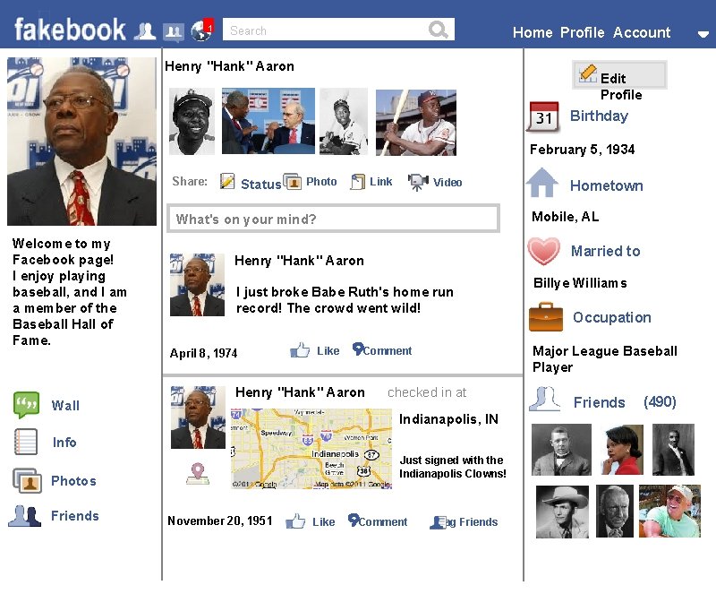 facebook 1 Search Home Profile Account Henry "Hank" Aaron Edit Profile Birthday February 5,