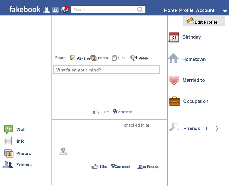 facebook 1 Search Home Profile Account Edit Profile Birthday Share: Status Photo Link Video