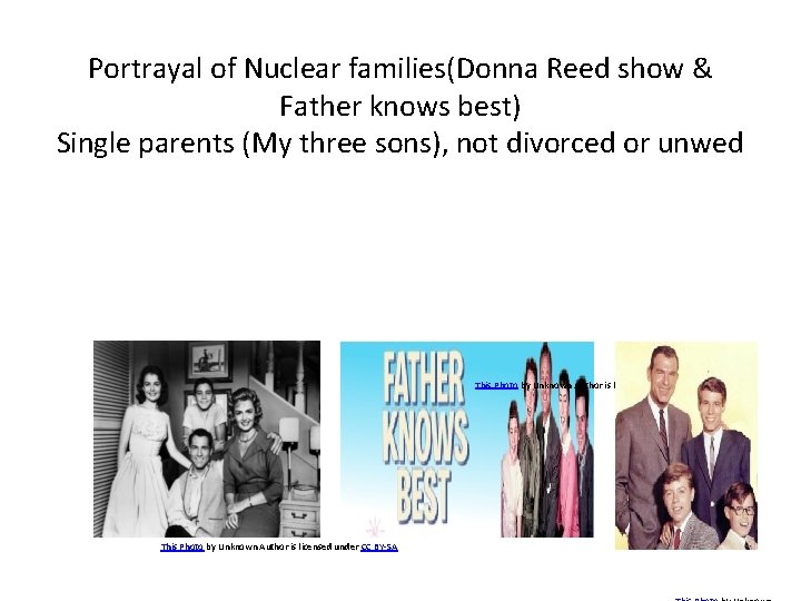 Portrayal of Nuclear families(Donna Reed show & Father knows best) Single parents (My three